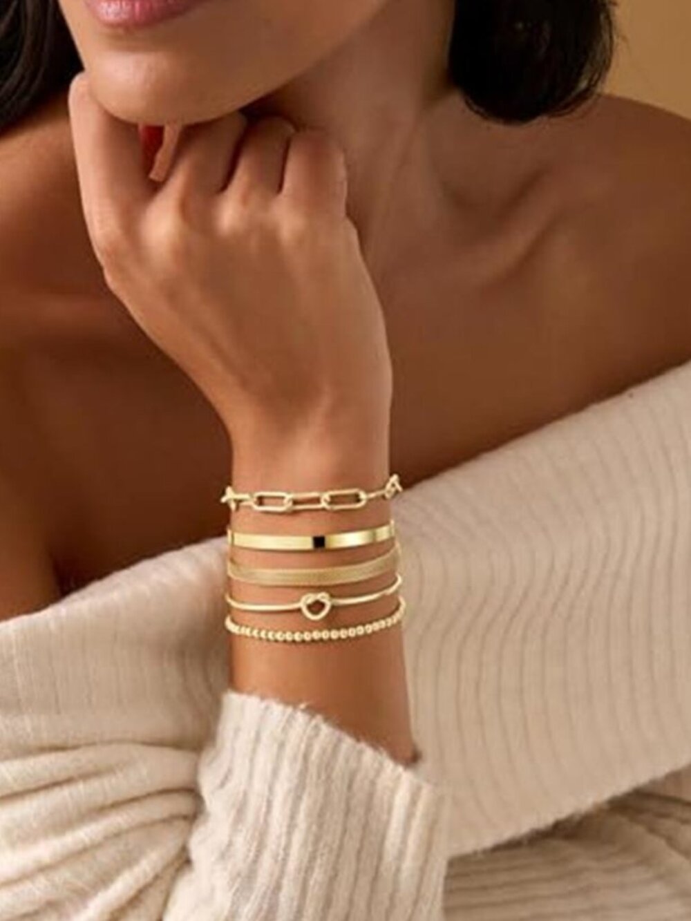 5 Pc 14K Gold Plated Bracelet Set Stackable Cuff Paperclip Knot Beaded Chain